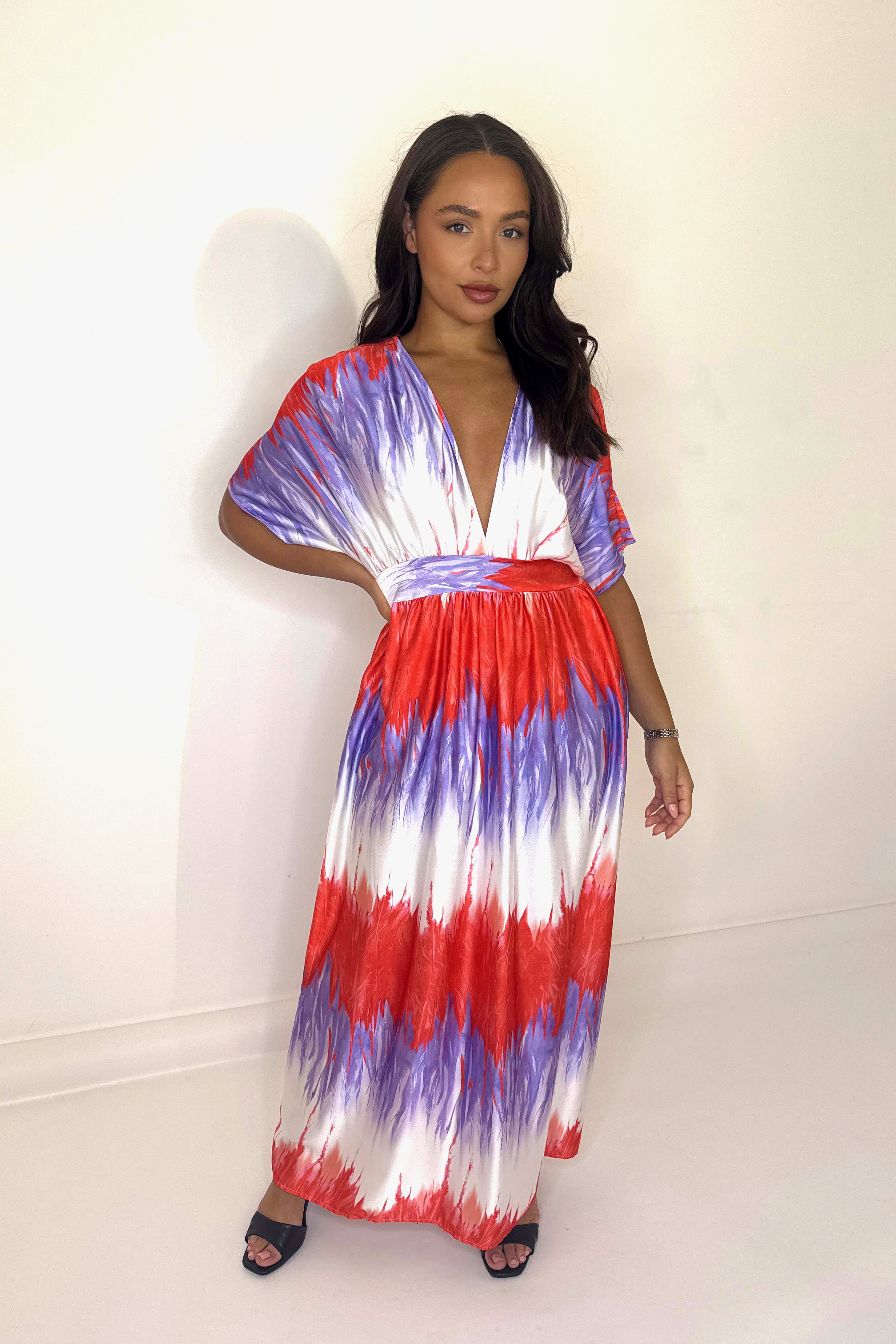 Plunge Neck Tie Dye Roman Style Maxi Dress