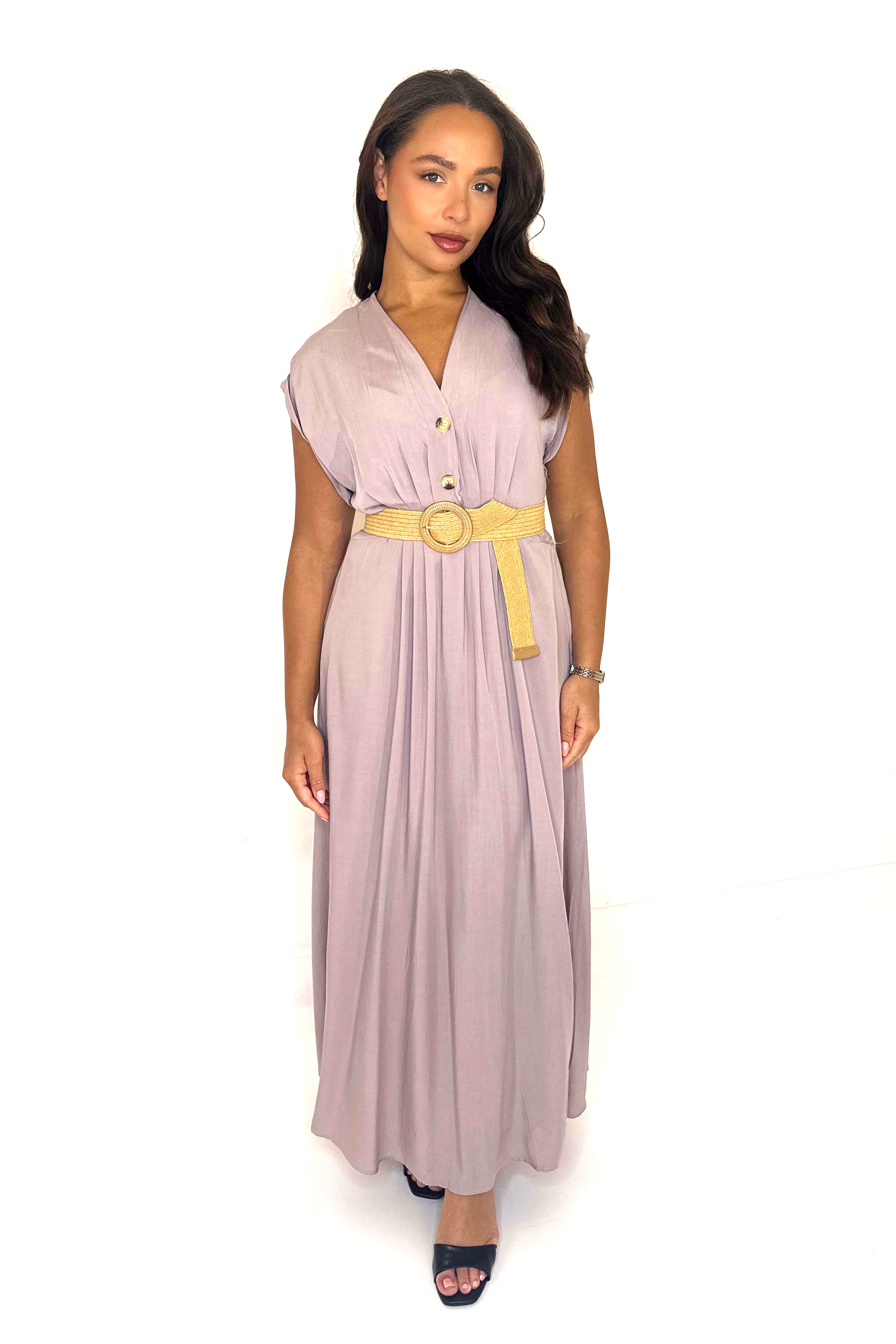 Belted Button Detail Elegant Flowy Long Summer Dress