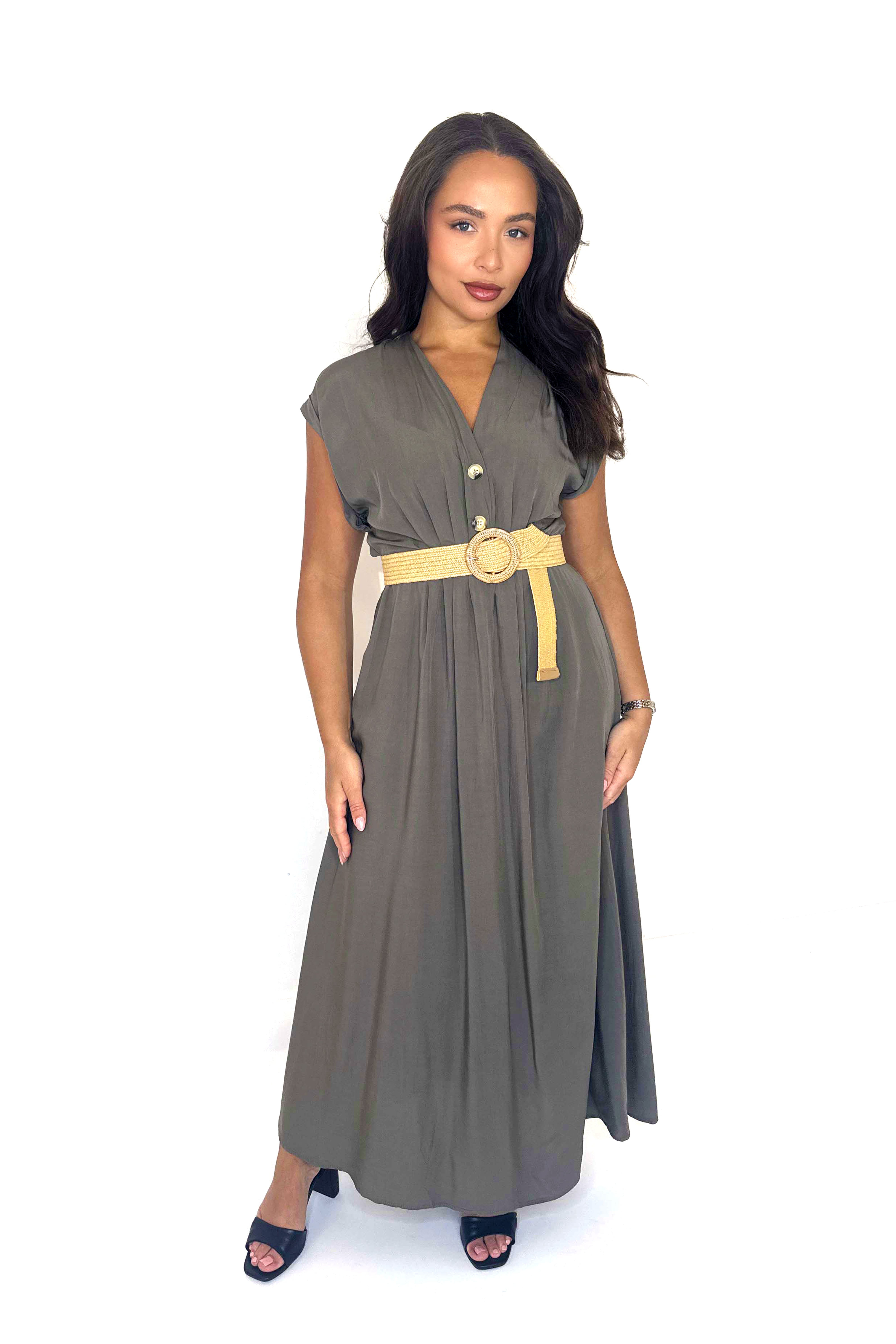 Belted Button Detail Elegant Flowy Long Summer Dress