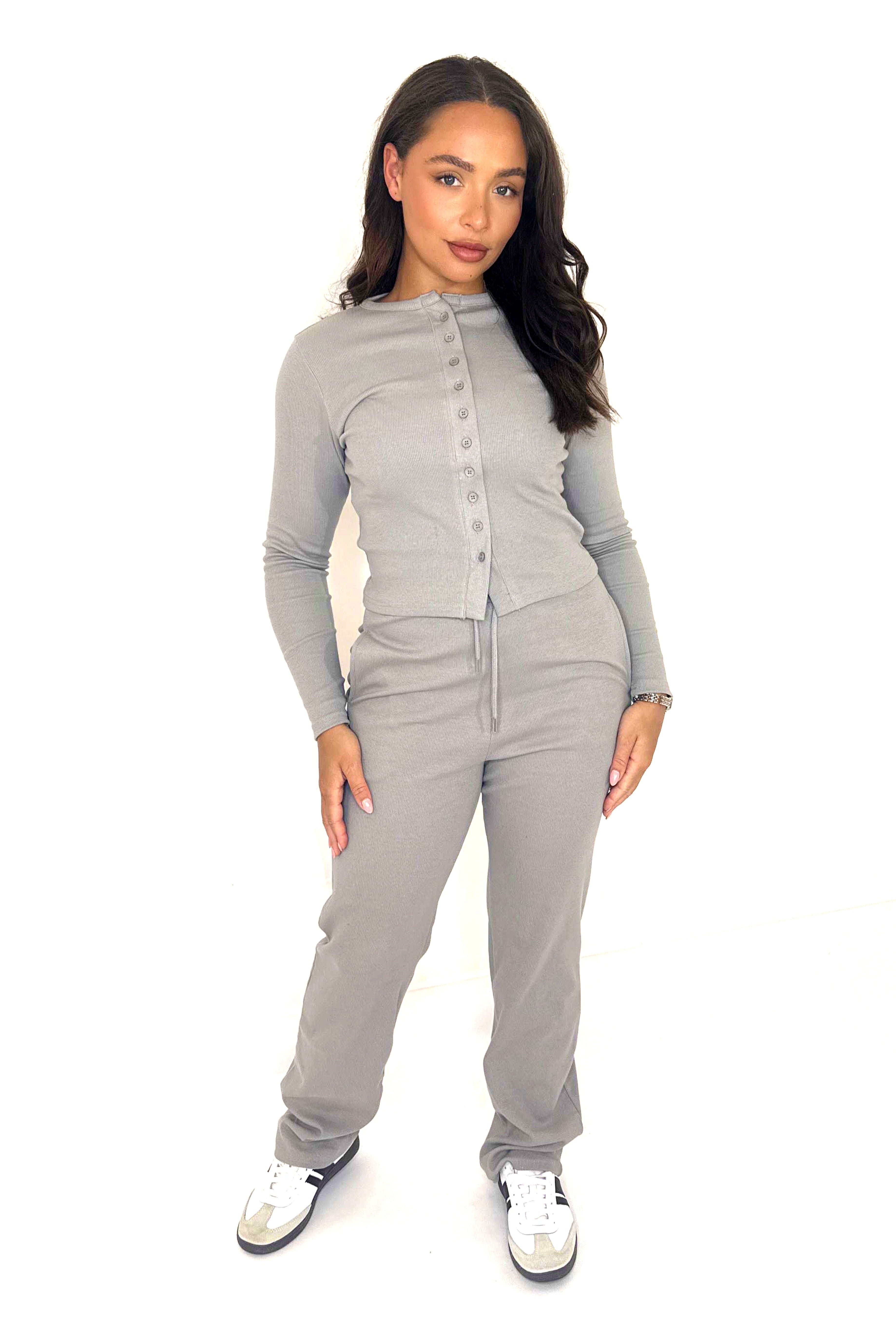 Wholesale Women’s Button Down Top And Wide Leg Ribbed Jersey Loungewear Set (PACK OF 6)