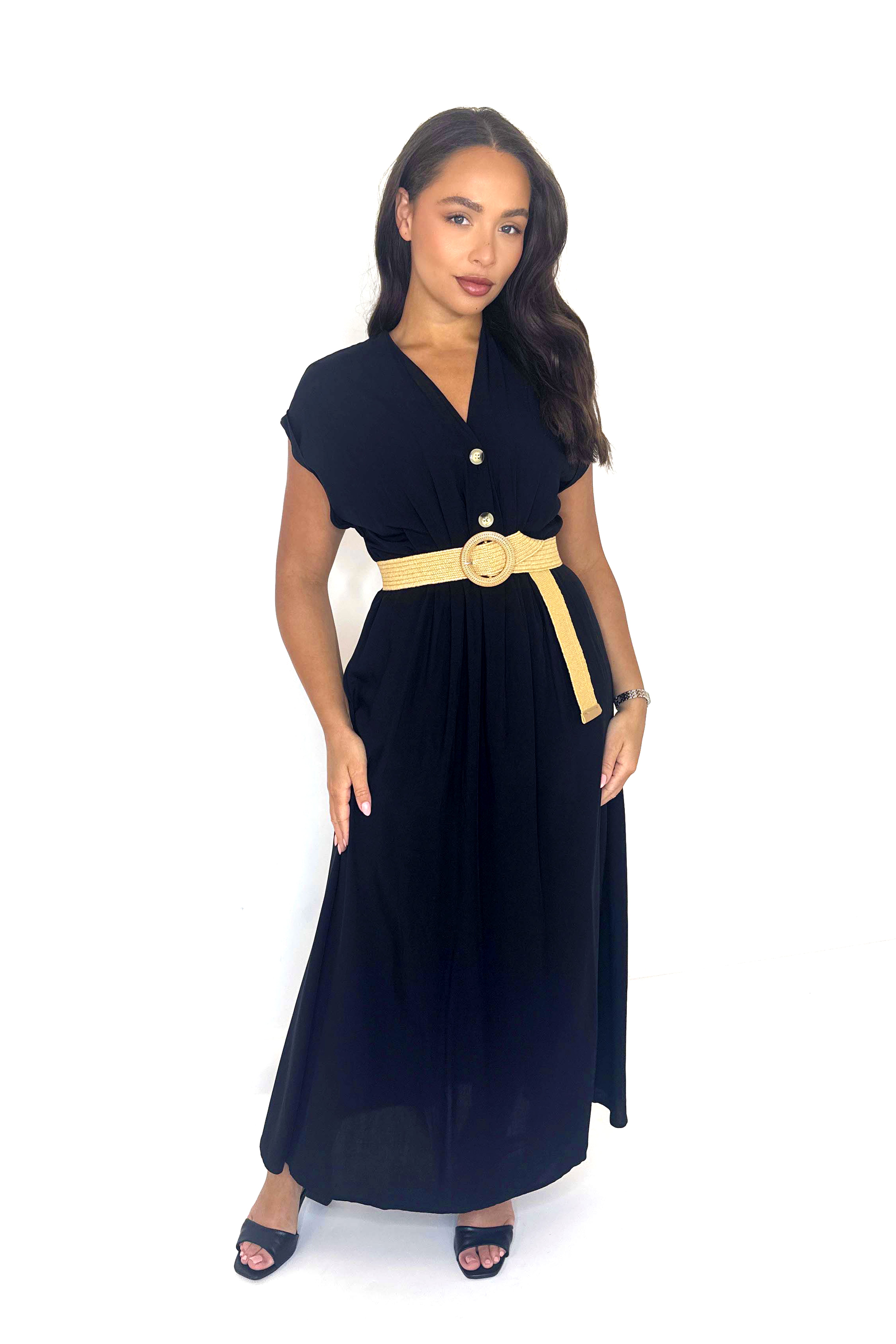 Belted Button Detail Elegant Flowy Long Summer Dress