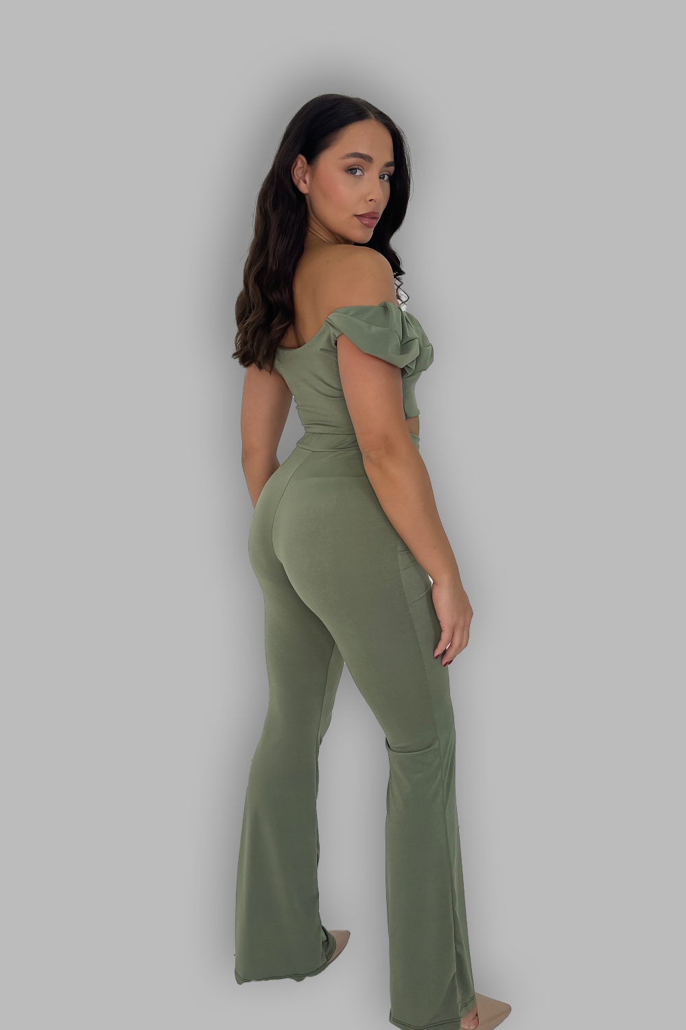 Off The Shoulder Top and High Waist Flared Leg Trousers Coord Set