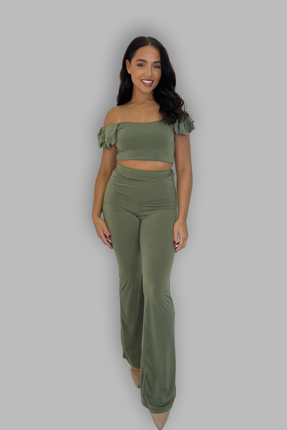 Off The Shoulder Top and High Waist Flared Leg Trousers Coord Set