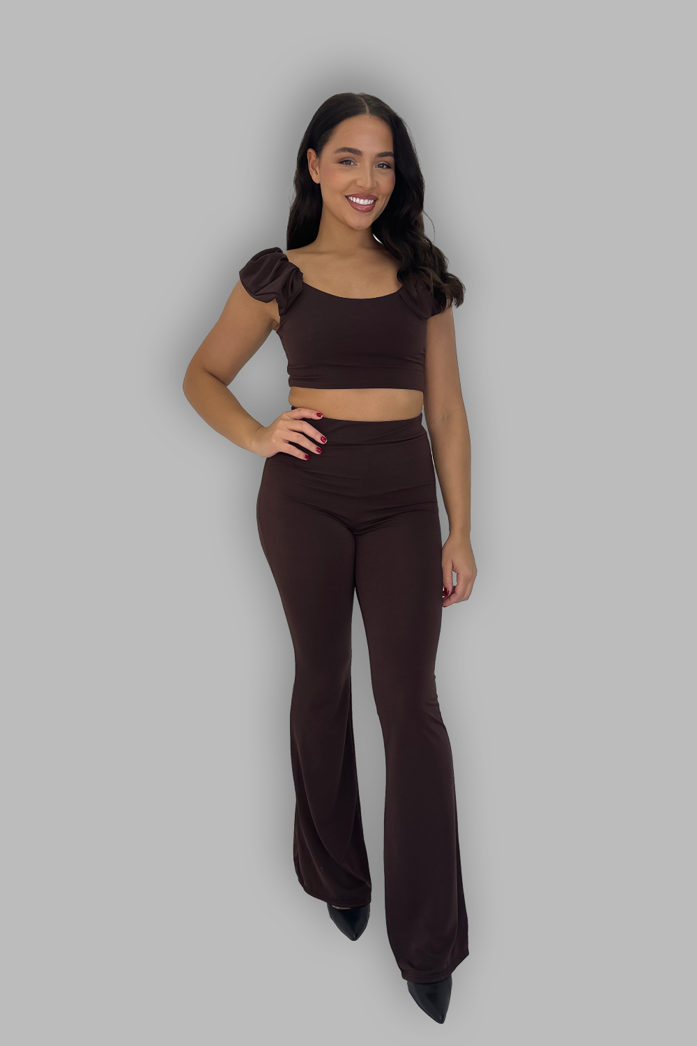 Off The Shoulder Top and High Waist Flared Leg Trousers Coord Set