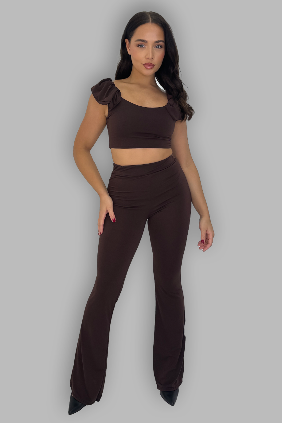 Off The Shoulder Top and High Waist Flared Leg Trousers Coord Set