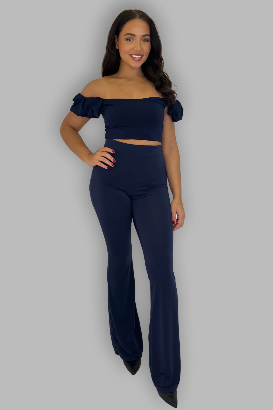 Off The Shoulder Top and High Waist Flared Leg Trousers Coord Set