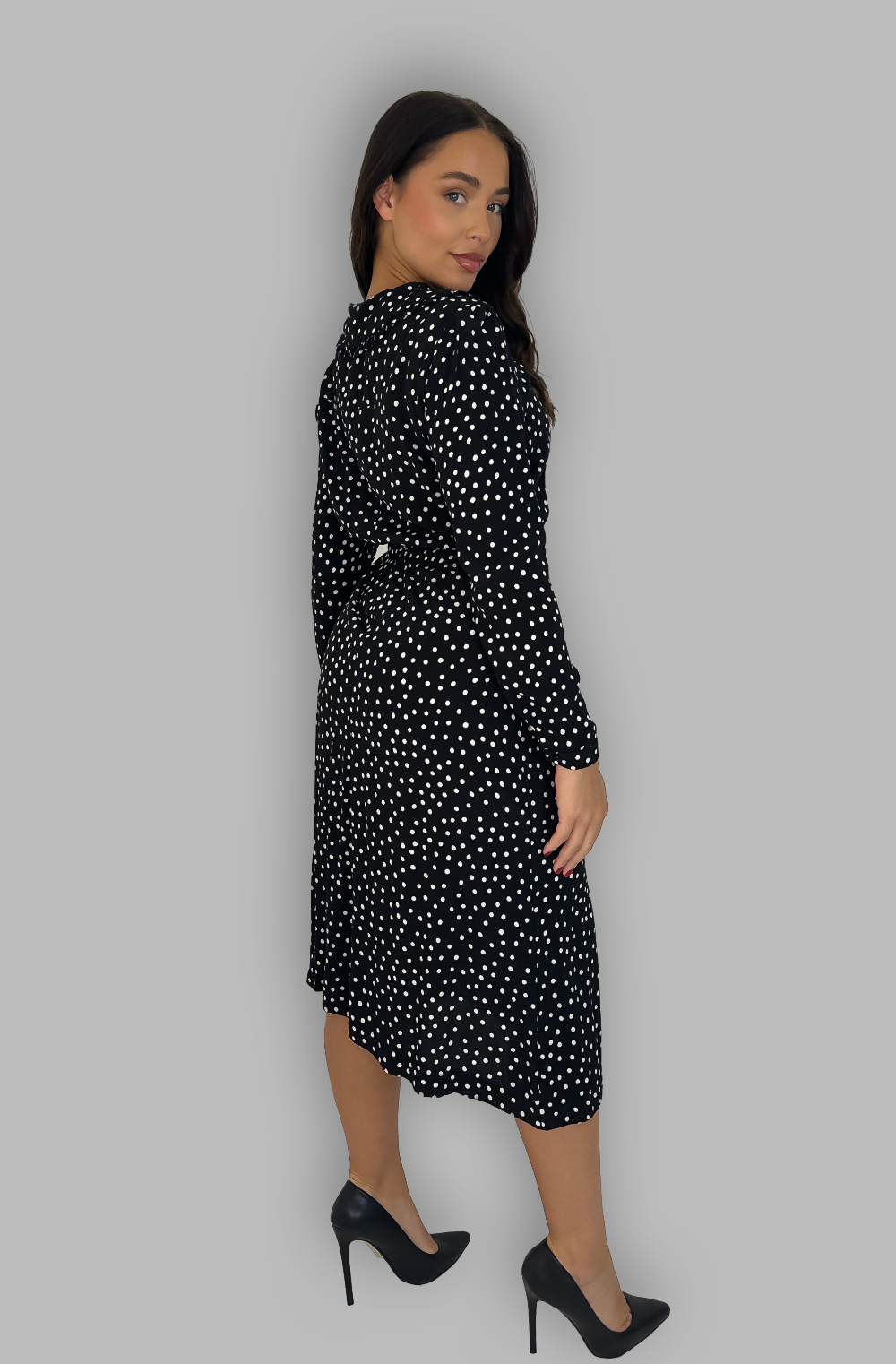 Black White Polka Dot Large Collar Midi Dress