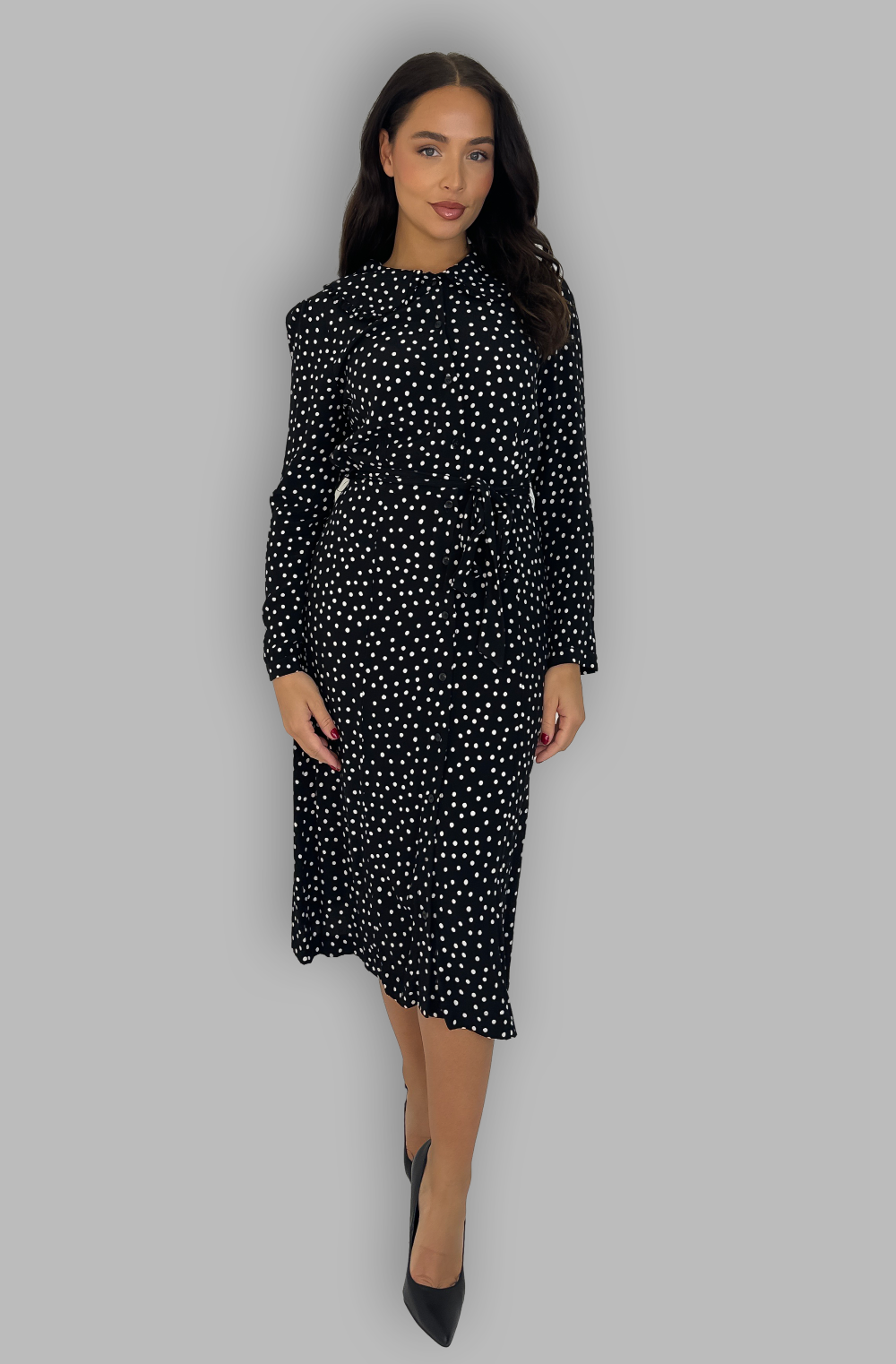 Black White Polka Dot Large Collar Midi Dress