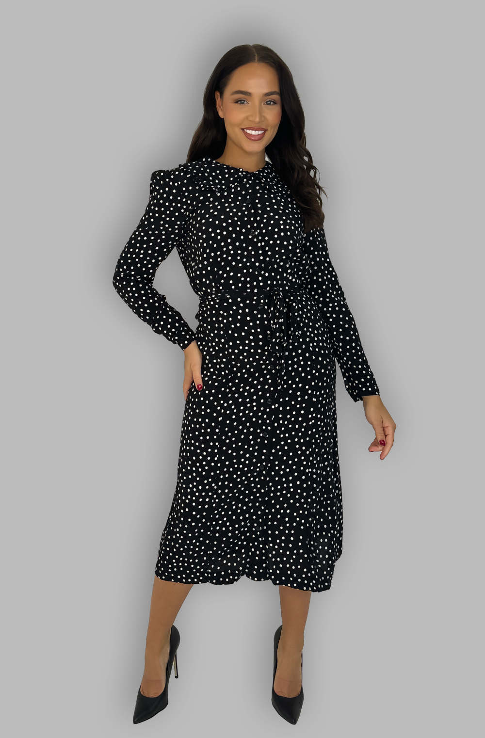 Black White Polka Dot Large Collar Midi Dress