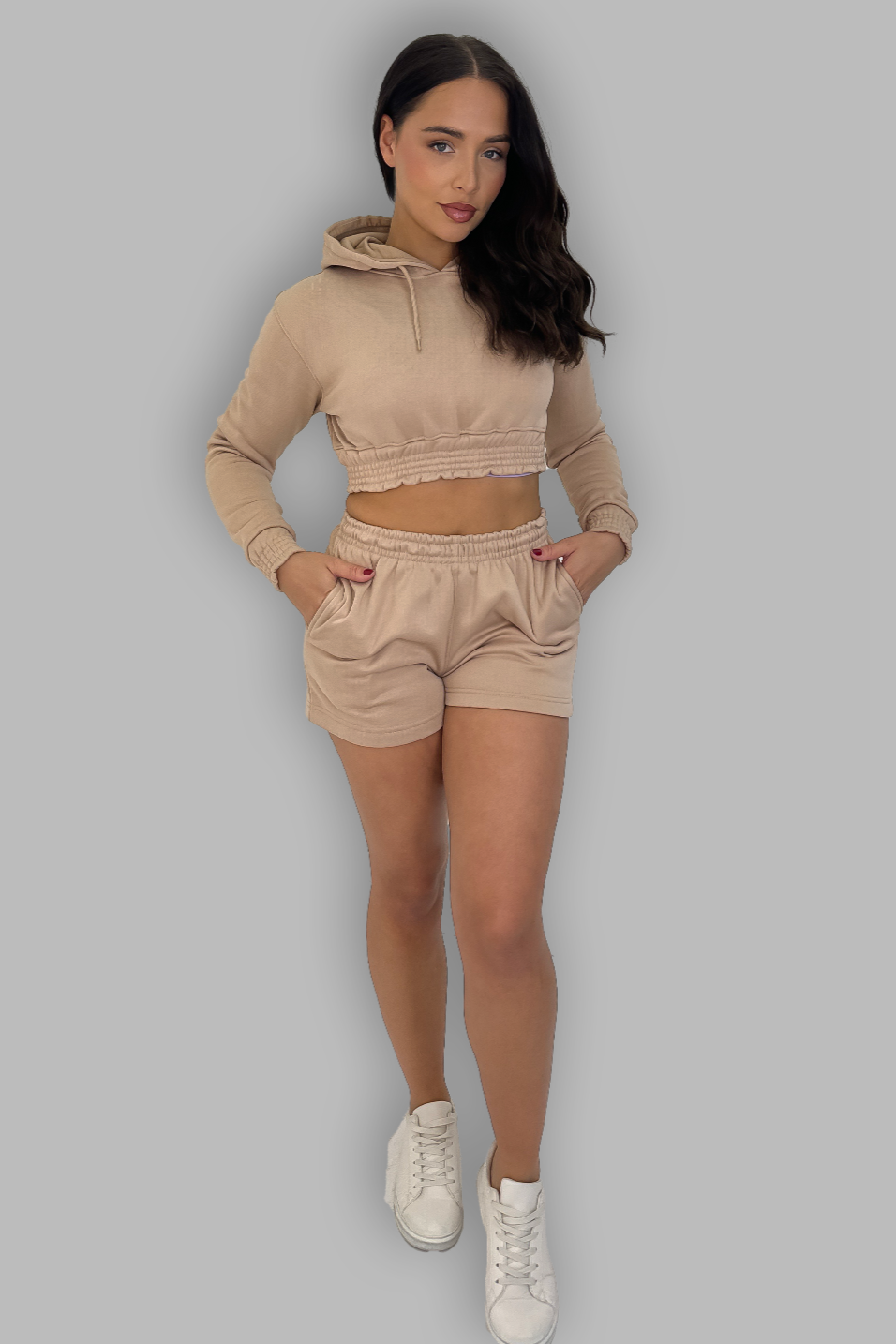 Hooded Cropped Sweatshirt and Shorts Co-Ord Set-SinglePrice