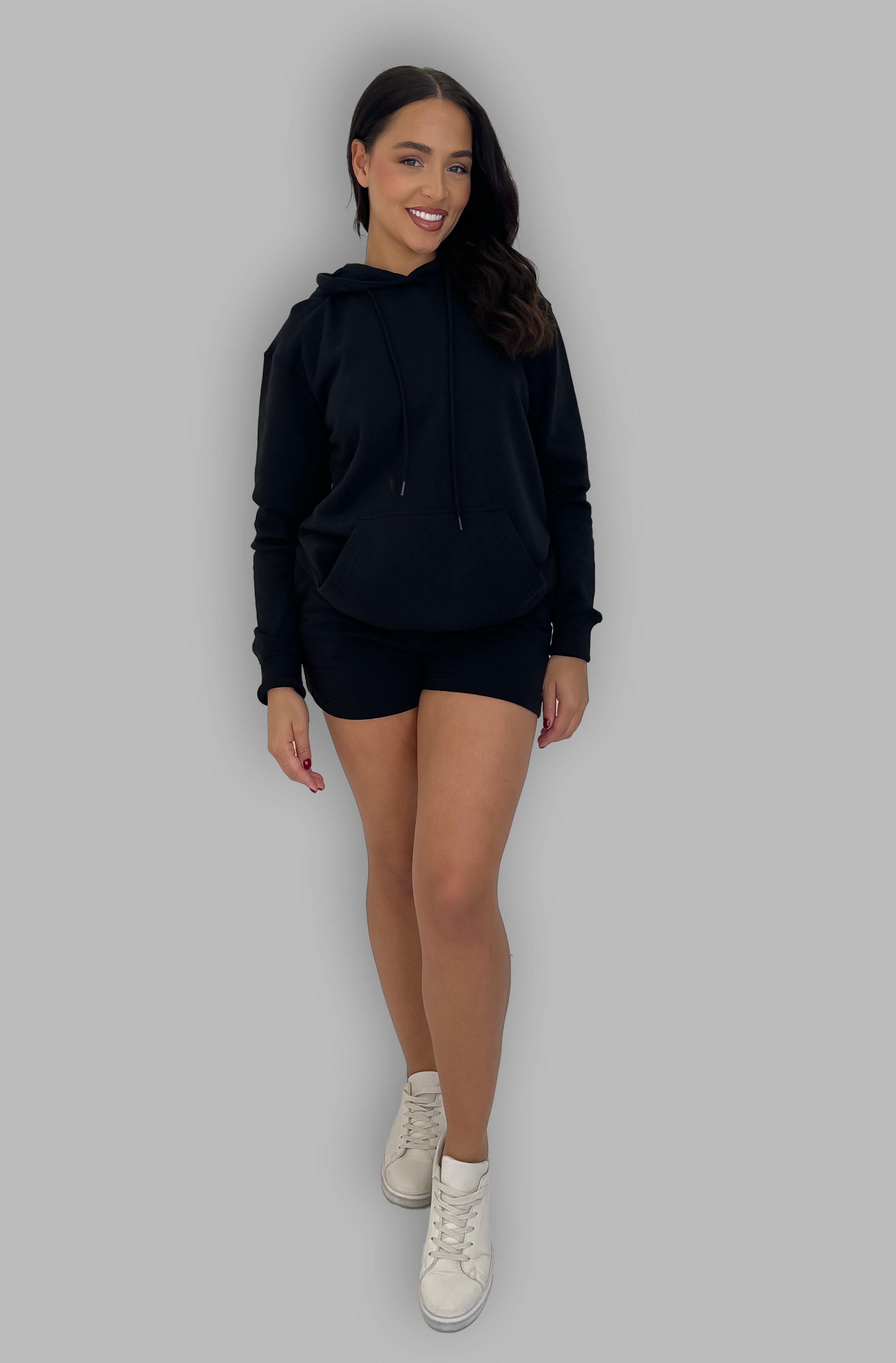 Black Hooded Sweatshirt and Shorts Co-Ord Set