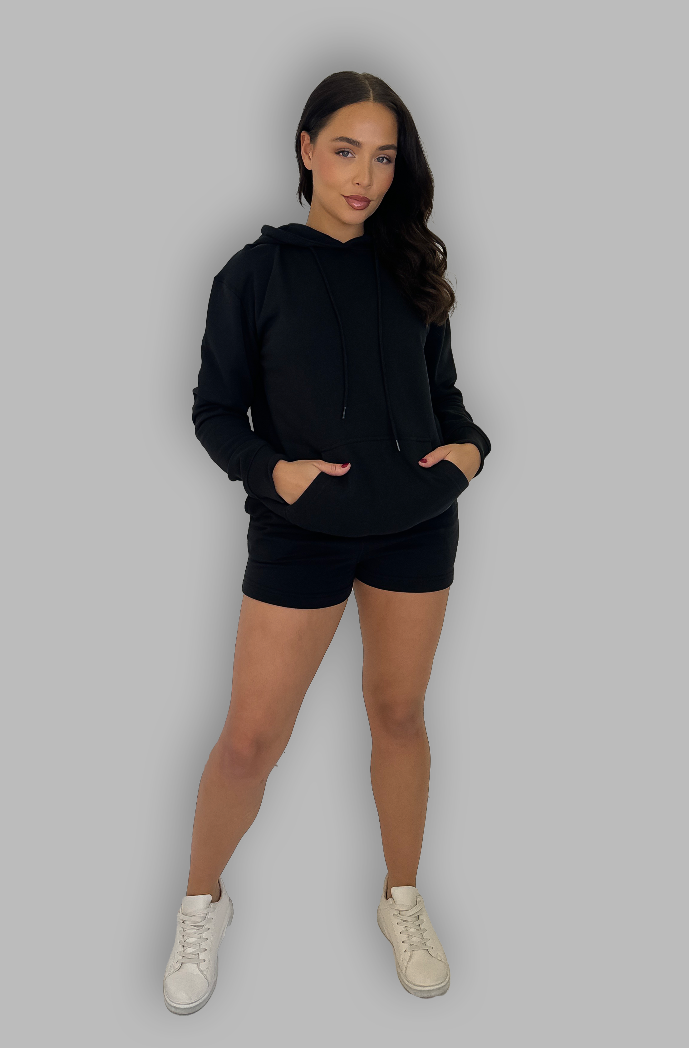 Black Hooded Sweatshirt and Shorts Co-Ord Set