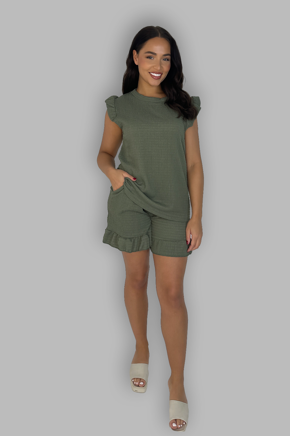 Textured Ruffle Hem Top And Short Co-Ord Set-SinglePrice