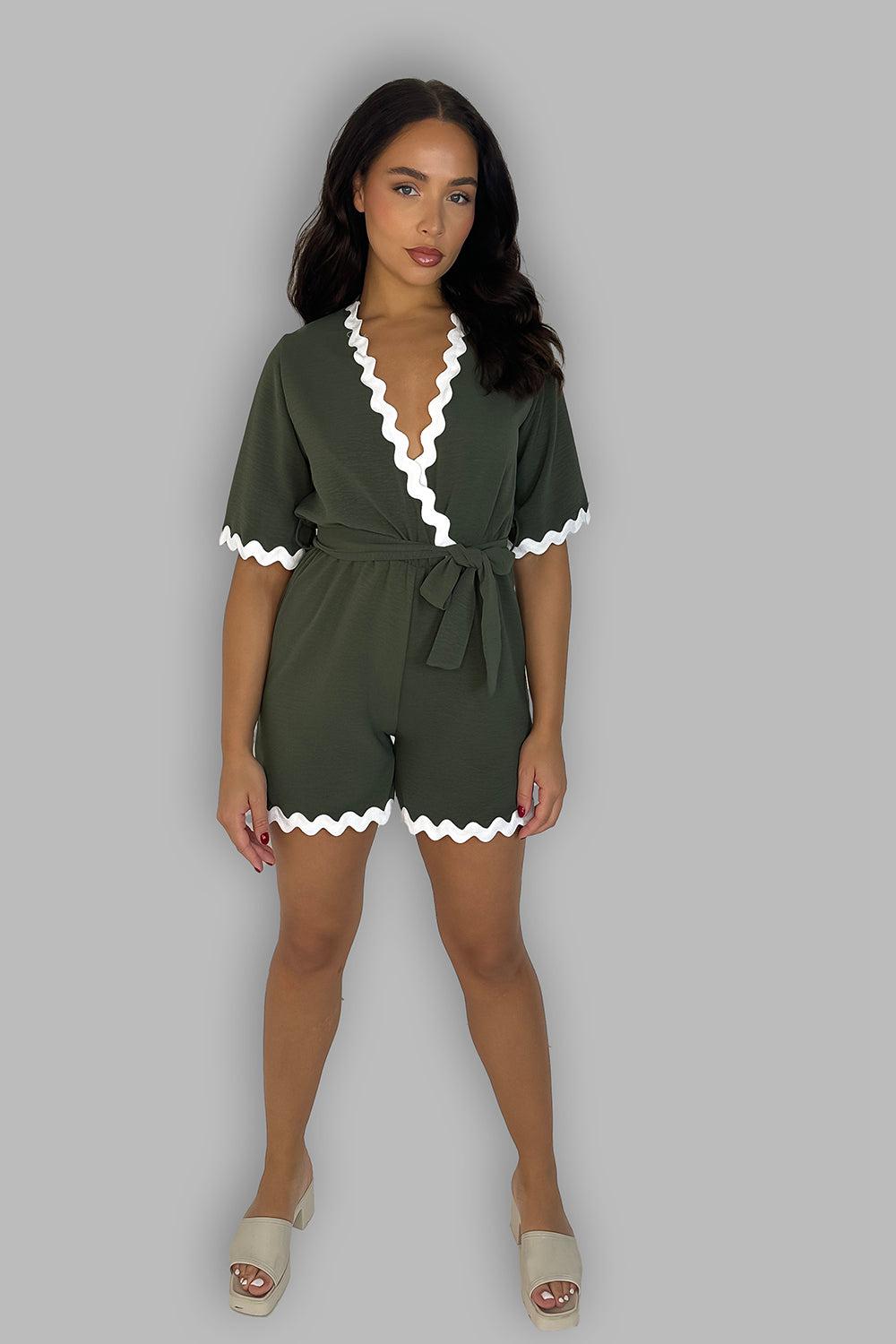 Deep V-Neck Short Sleeve Contrast Trim Tie Waist Playsuit-SinglePrice