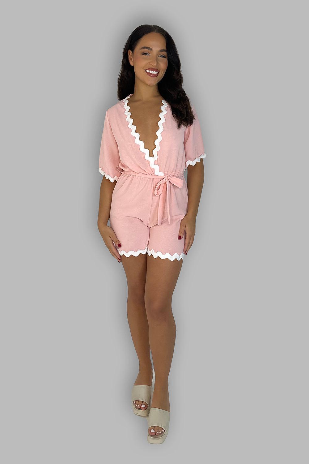 Deep V-Neck Short Sleeve Contrast Trim Tie Waist Playsuit-SinglePrice