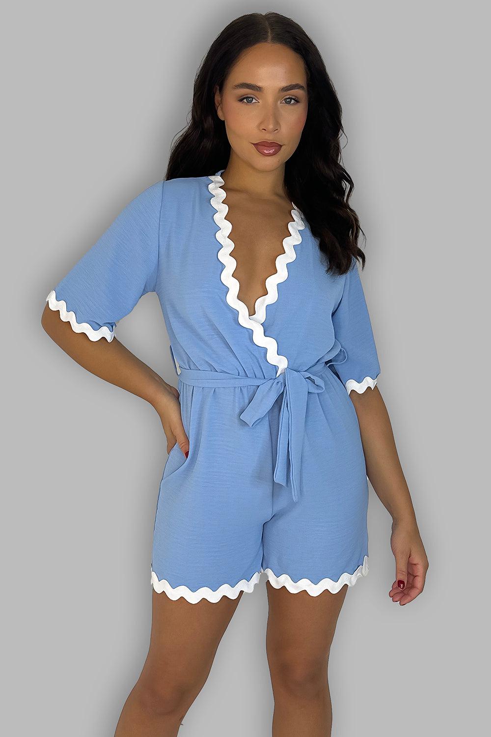 Deep V-Neck Short Sleeve Contrast Trim Tie Waist Playsuit-SinglePrice