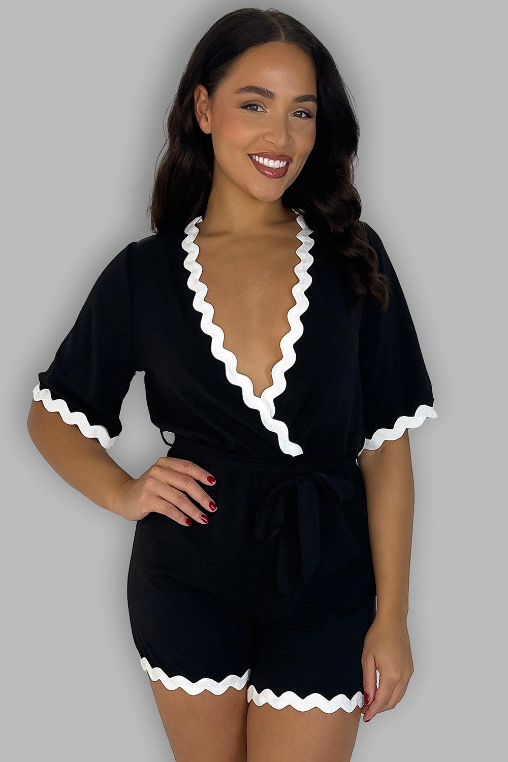 Deep V-Neck Short Sleeve Contrast Trim Tie Waist Playsuit-SinglePrice