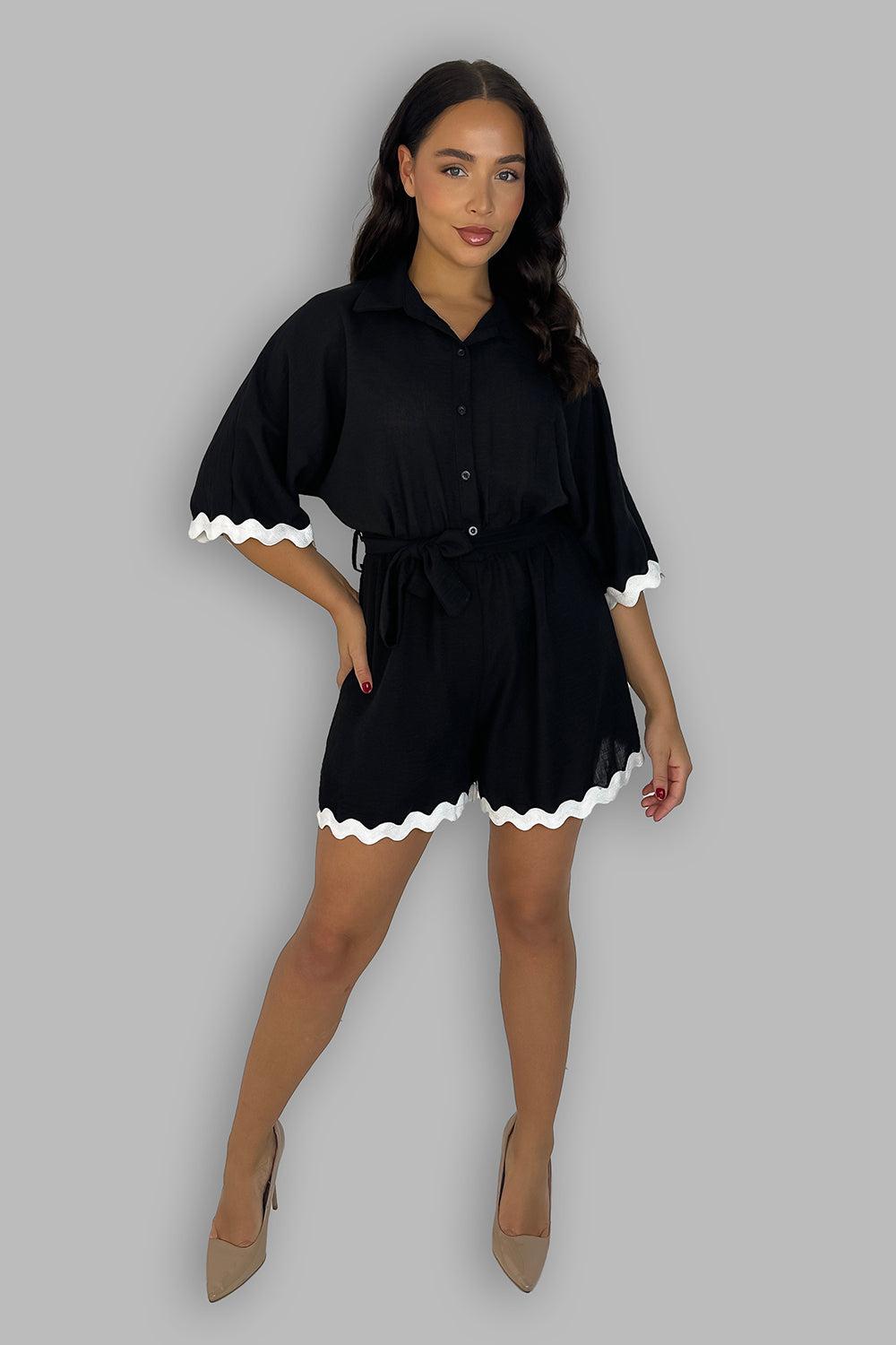 French Lapel Front Buttoned Tie Waist Trim Detail Playsuit