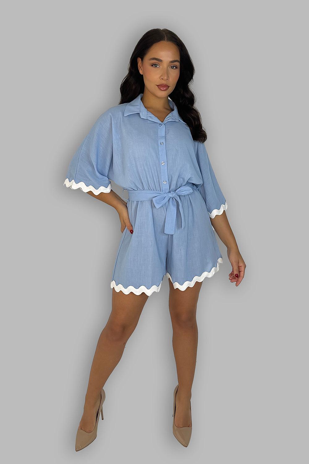 French Lapel Front Buttoned Tie Waist Trim Detail Playsuit