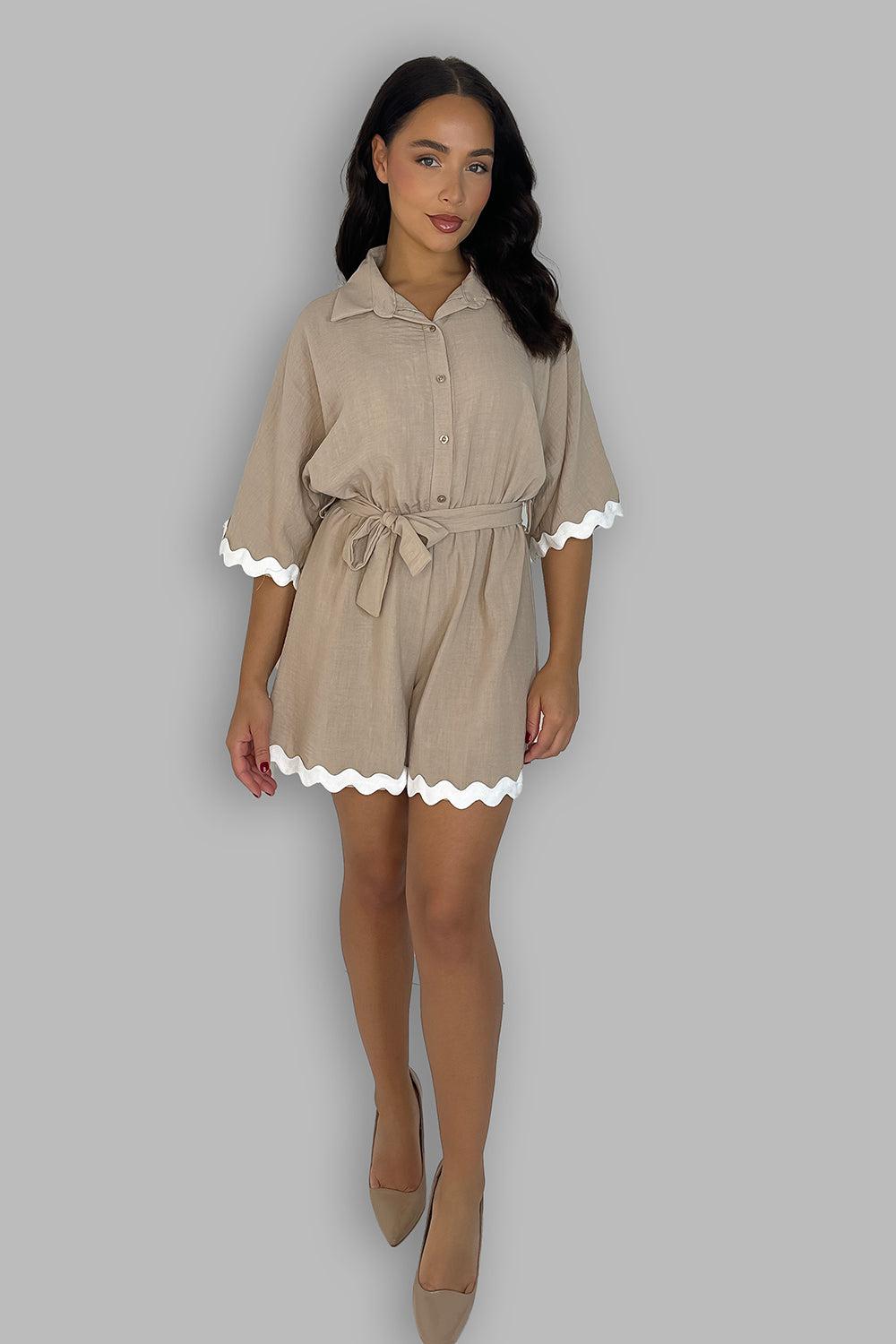 French Lapel Front Buttoned Tie Waist Trim Detail Playsuit