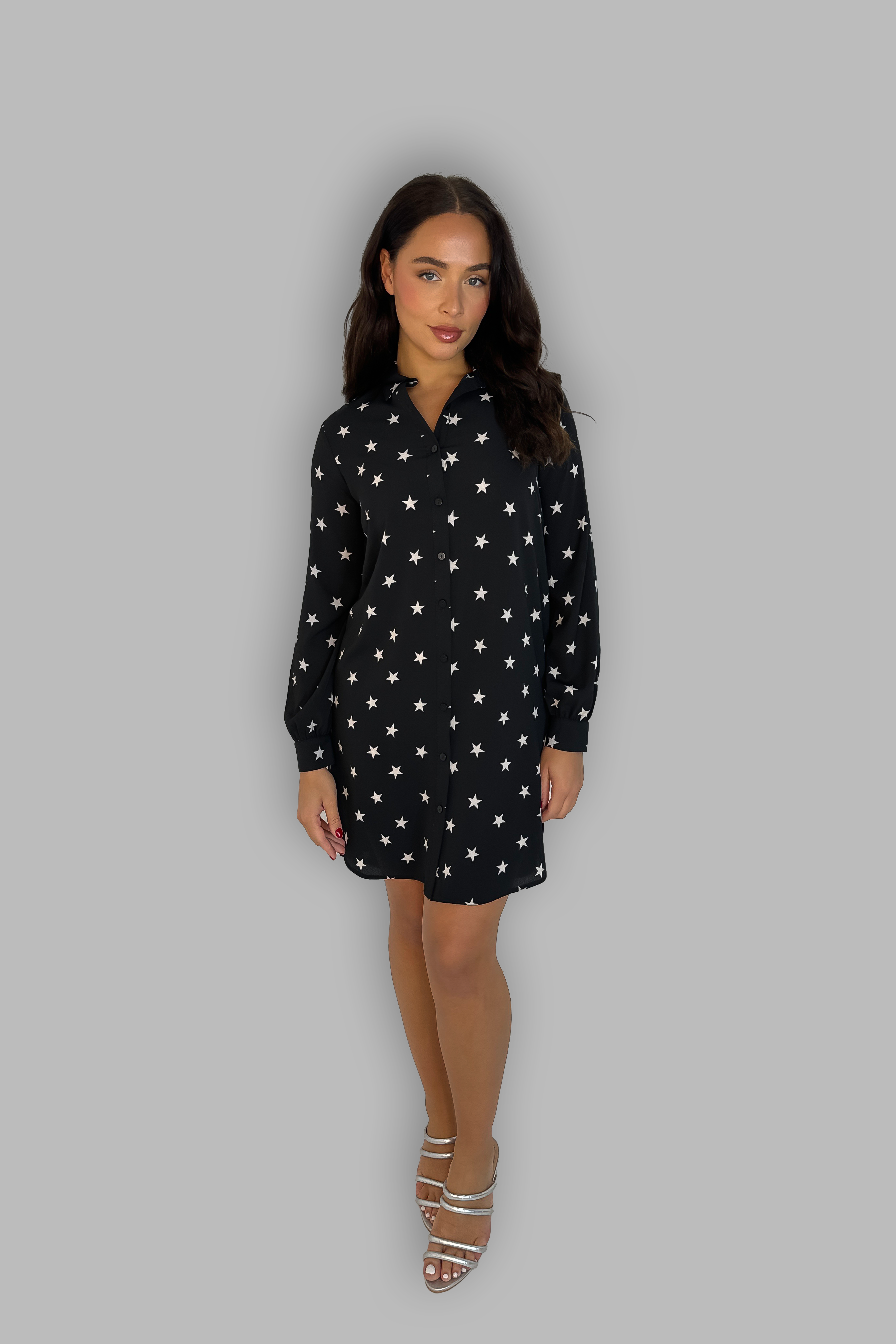 Star Print Black Long Sleeve Shirt Dress-SinglePrice