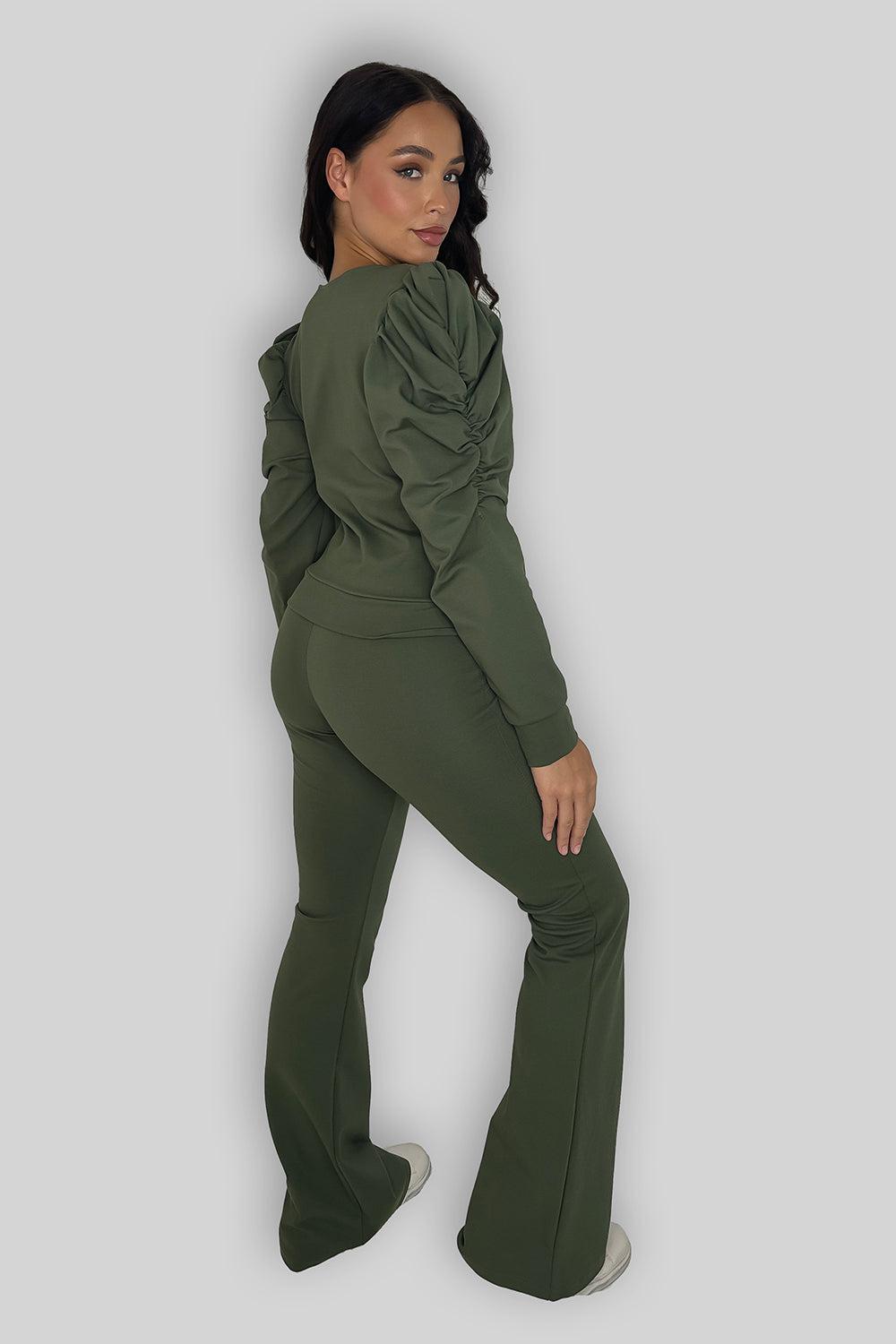 Ruched Sleeve Zip Up Top And Wide Leg Trousers Coord Set-SinglePrice