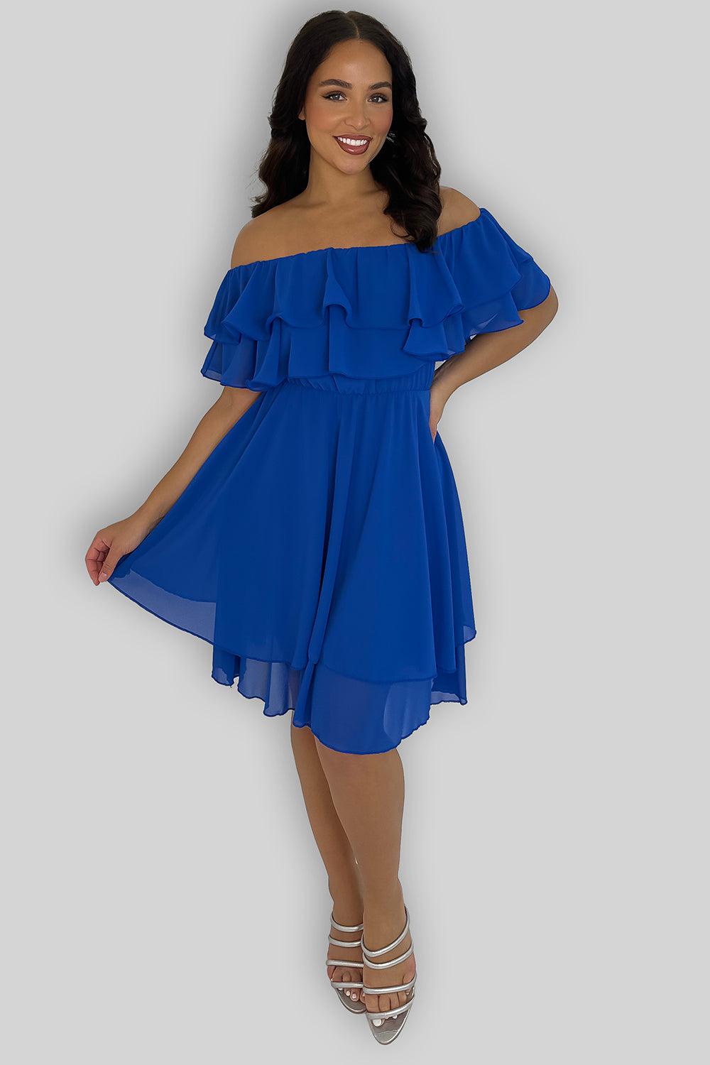 Double Frill Bardot Chiffon Dress