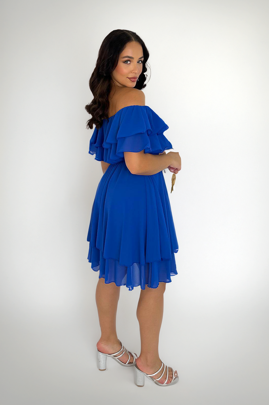 Double Frill Bardot Chiffon Dress