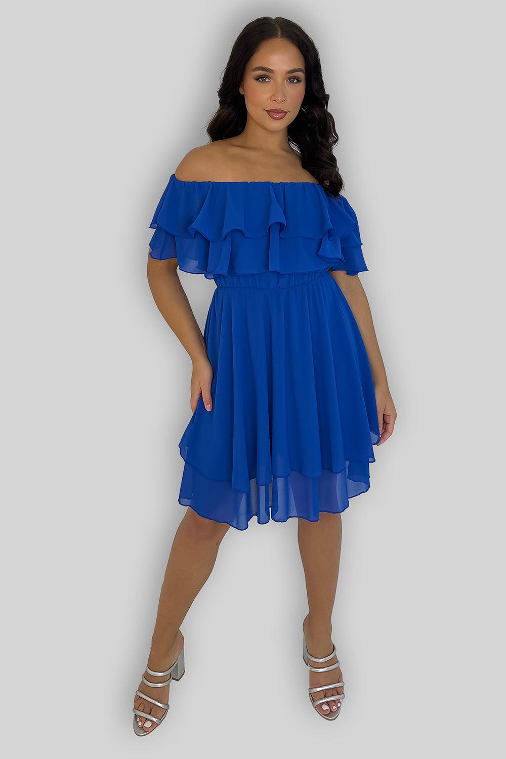 Double Frill Bardot Chiffon Dress