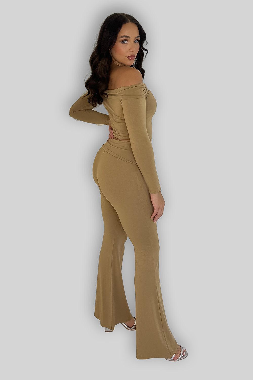 Off Shoulder Long Sleeve Top And Flare Leg Co-ordinate Set-SinglePrice