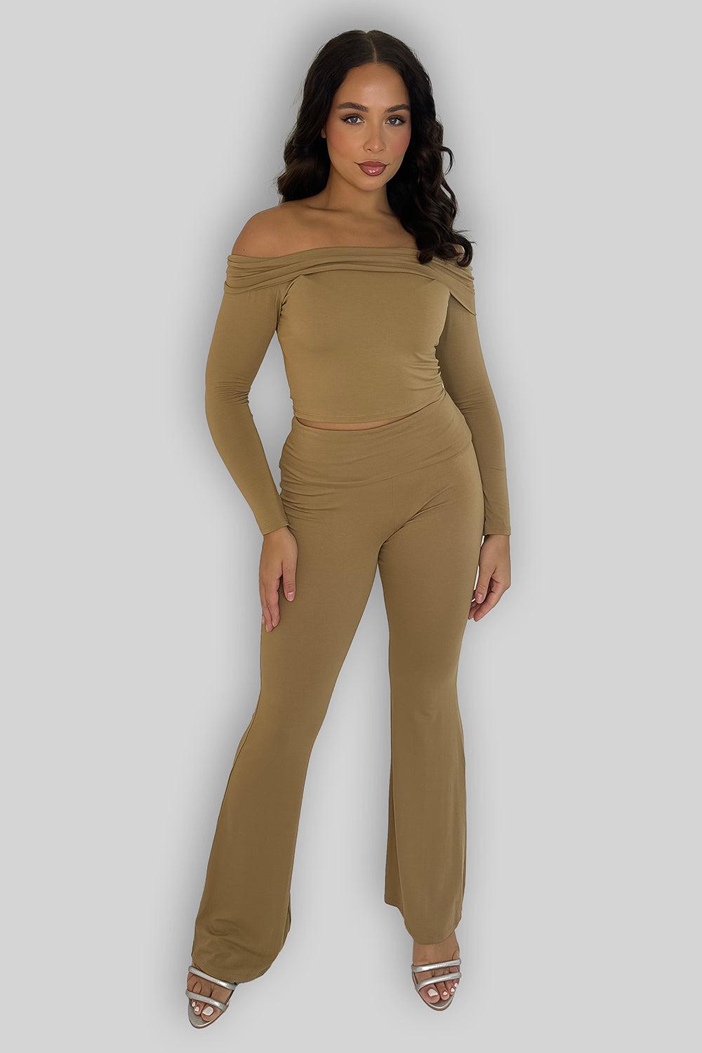 Off Shoulder Long Sleeve Top And Flare Leg Co-ordinate Set-SinglePrice