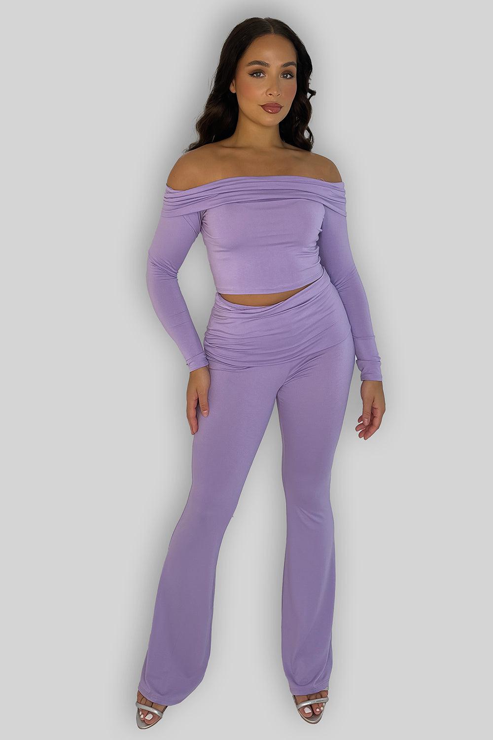 Off Shoulder Long Sleeve Top And Flare Leg Co-ordinate Set-SinglePrice