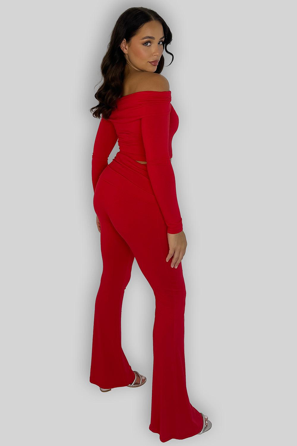 Off Shoulder Long Sleeve Top And Flare Leg Co-ordinate Set-SinglePrice