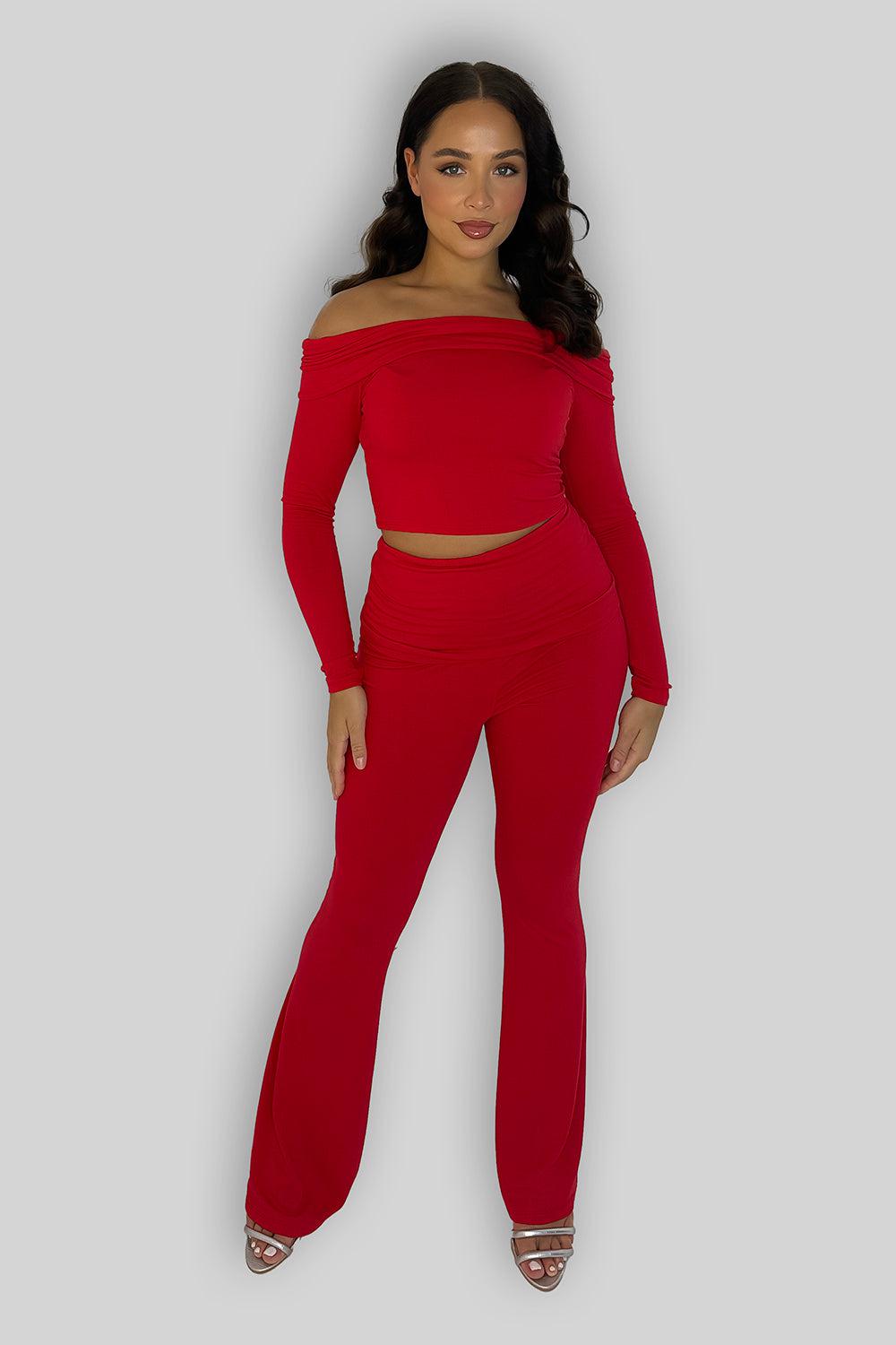 Off Shoulder Long Sleeve Top And Flare Leg Co-ordinate Set-SinglePrice