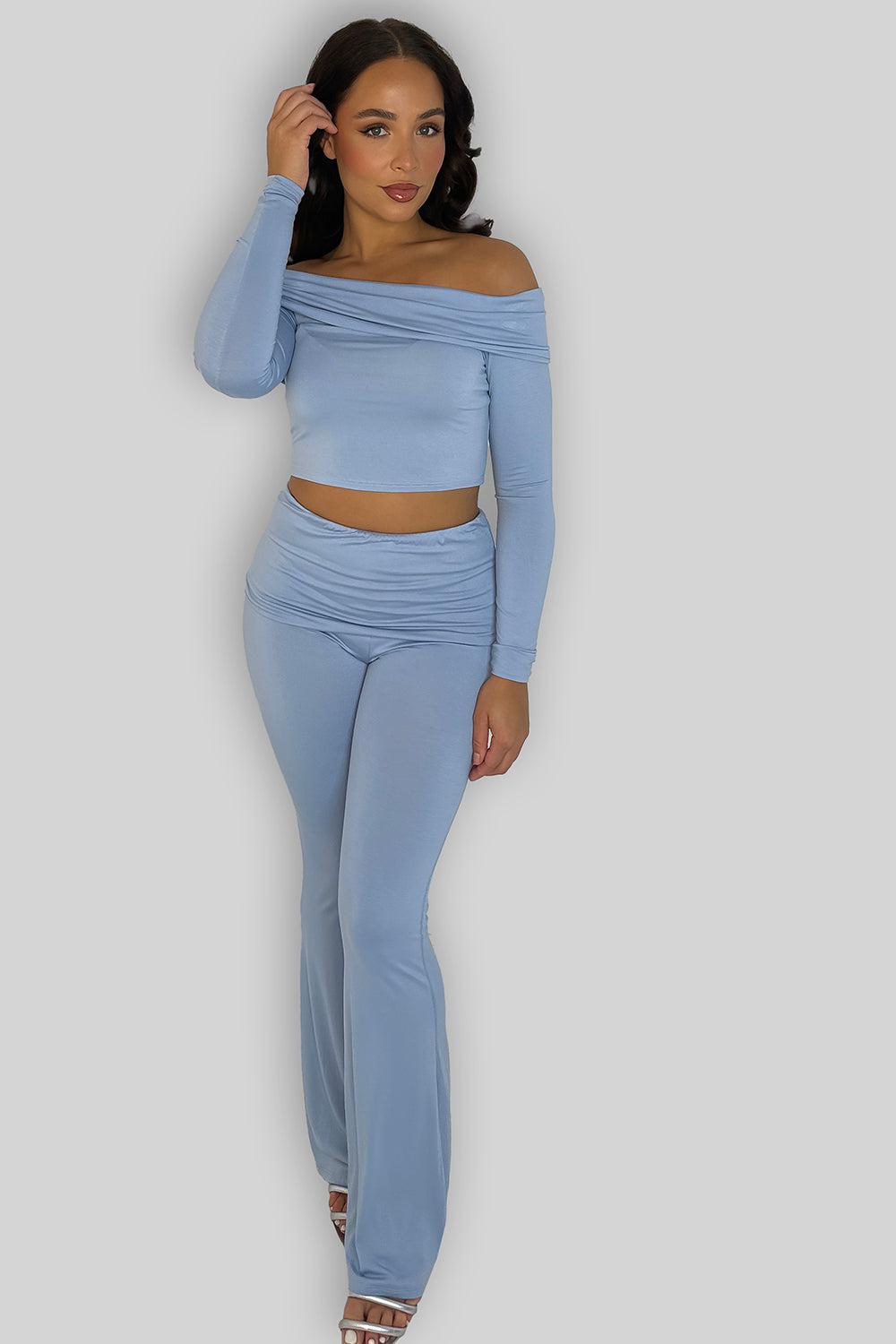 Off Shoulder Long Sleeve Top And Flare Leg Co-ordinate Set-SinglePrice