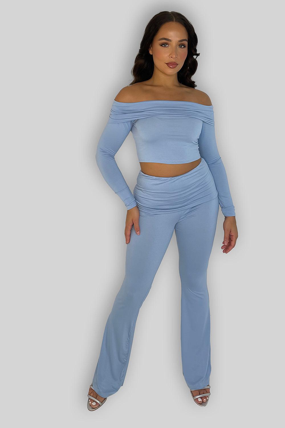 Off Shoulder Long Sleeve Top And Flare Leg Co-ordinate Set-SinglePrice