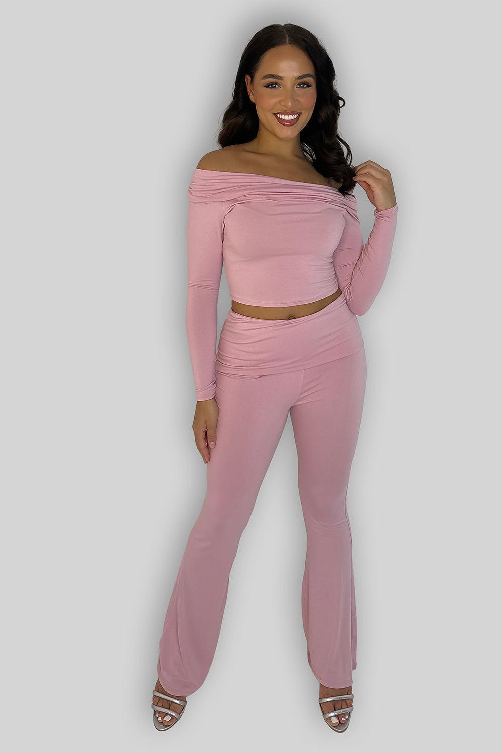 Off Shoulder Long Sleeve Top And Flare Leg Co-ordinate Set-SinglePrice