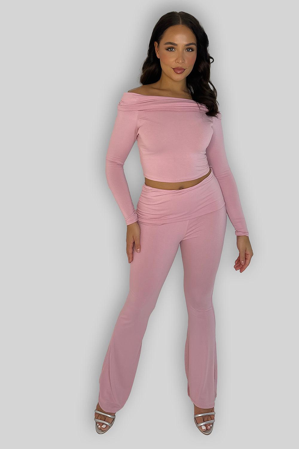 Off Shoulder Long Sleeve Top And Flare Leg Co-ordinate Set-SinglePrice