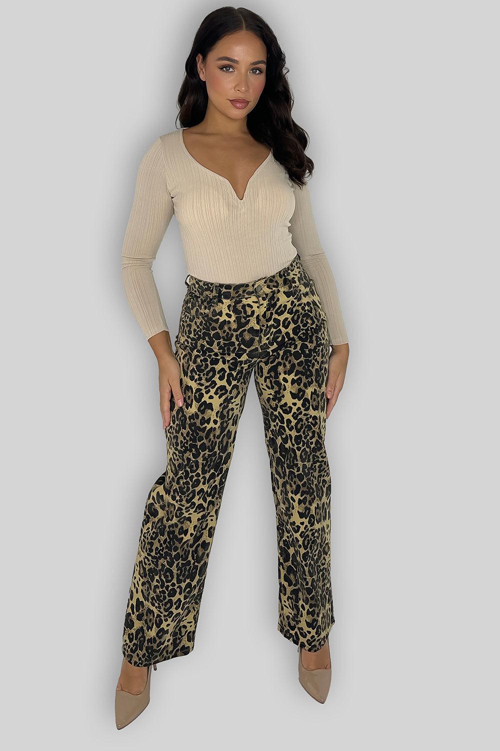 Leopard Print High Rise Waist Wide Leg Jeans-SinglePrice