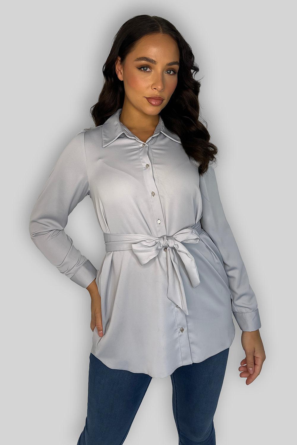 Grey Satin Tie Up Long Shirt-SinglePrice