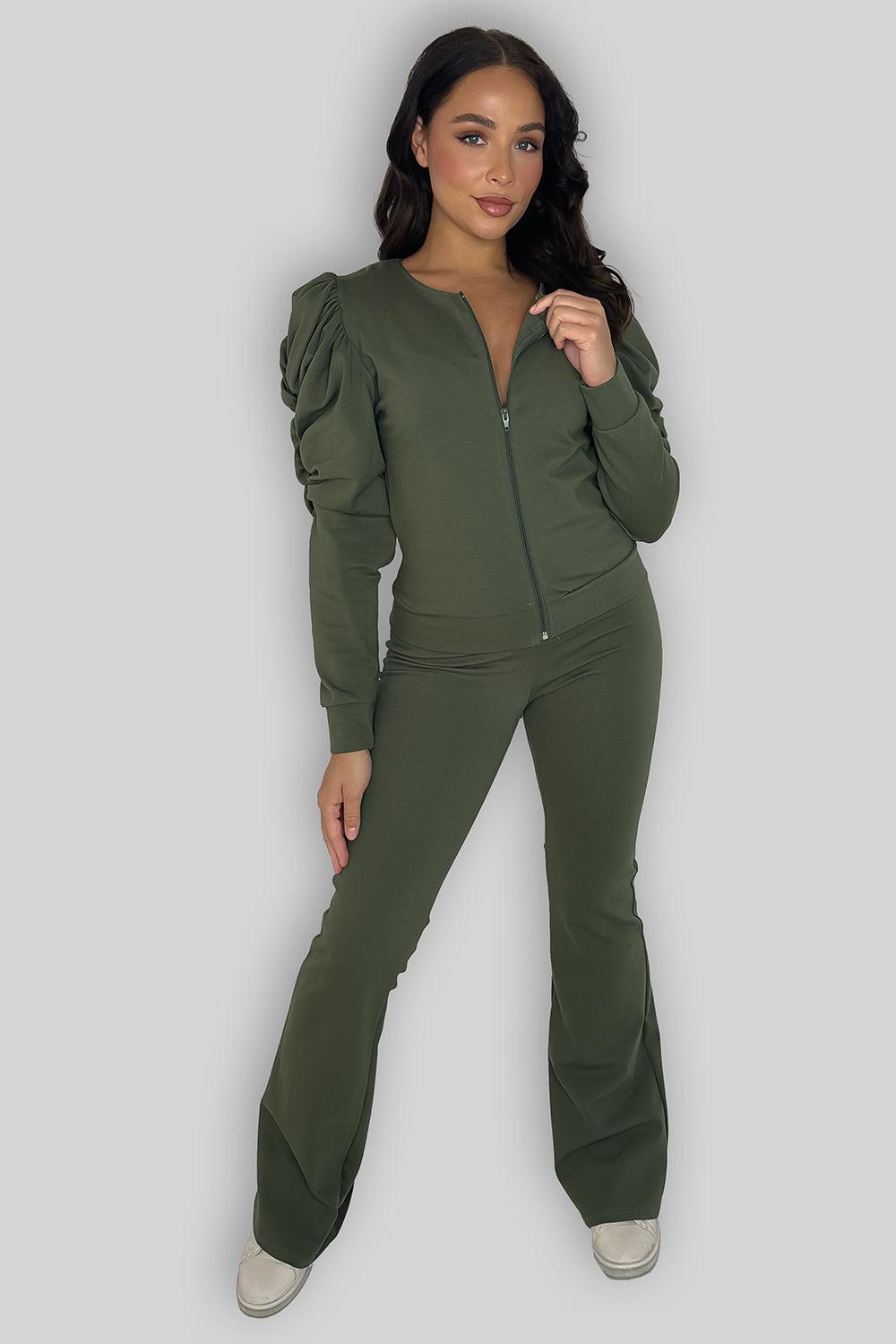 Ruched Sleeve Zip Up Top And Wide Leg Trousers Coord Set-SinglePrice