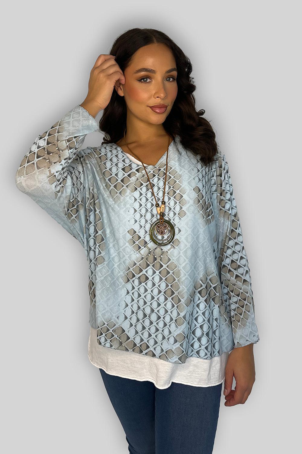 Cotton Double Layer Printed Tunic With Necklace-SinglePrice