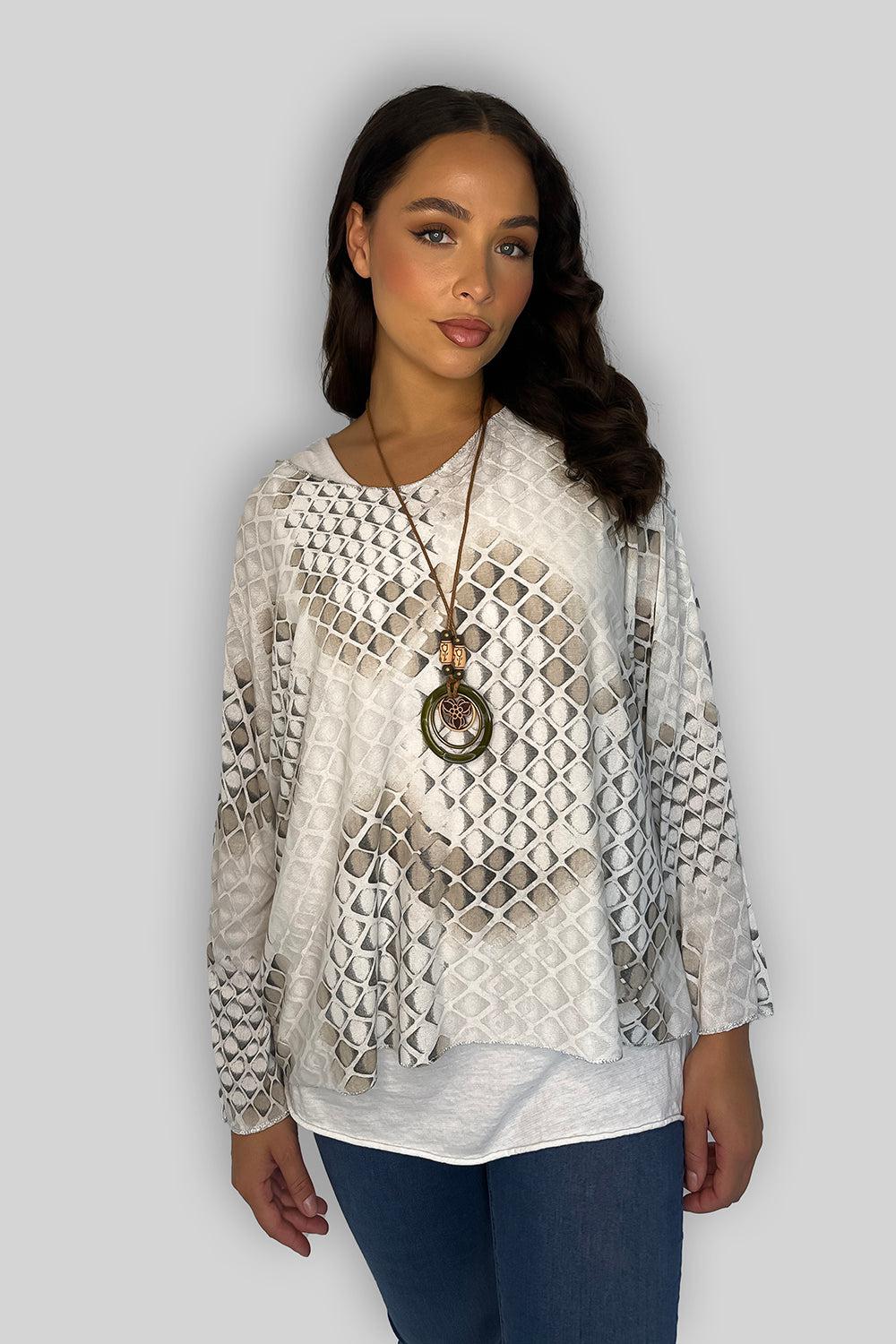 Cotton Double Layer Printed Tunic With Necklace-SinglePrice