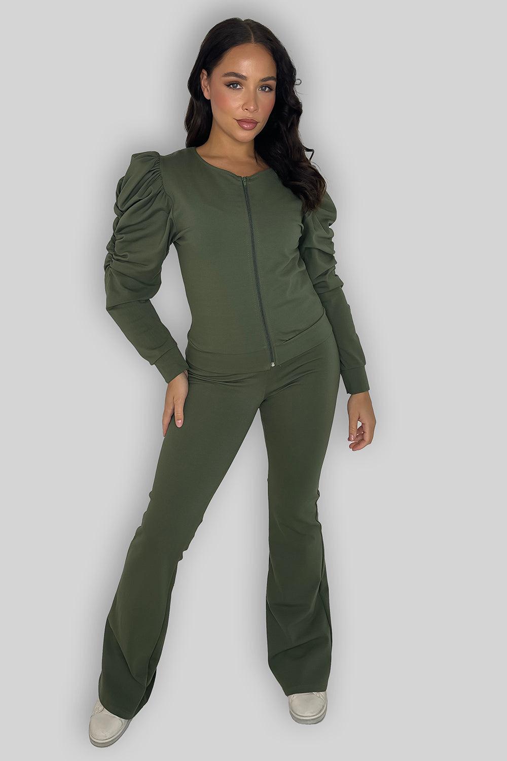 Ruched Sleeve Zip Up Top And Wide Leg Trousers Coord Set-SinglePrice