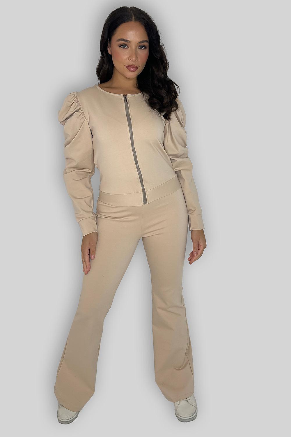 Ruched Sleeve Zip Up Top And Wide Leg Trousers Coord Set-SinglePrice