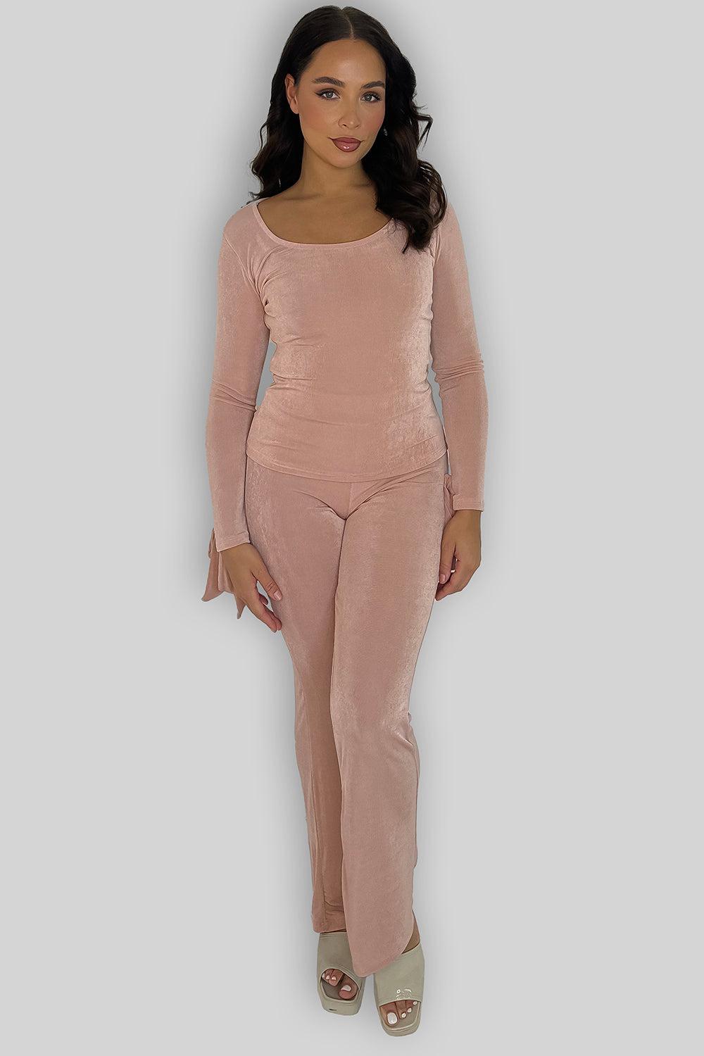 Sheer Slinky Tie Sleeve Top And Straight Leg Trousers Co-ord Set-SinglePrice