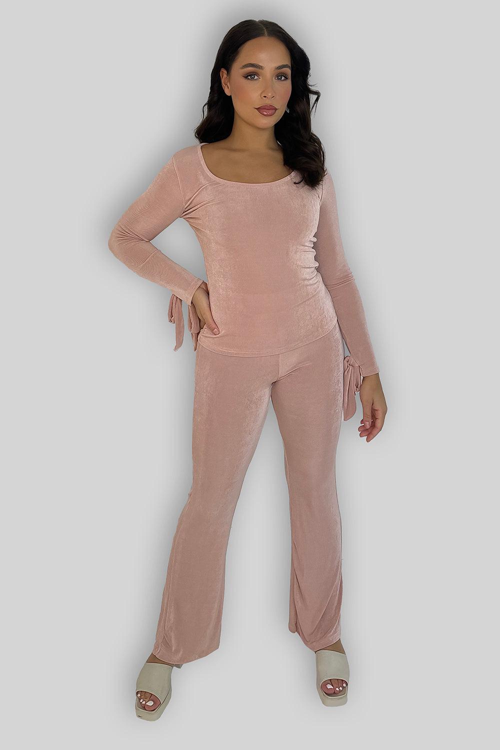 Sheer Slinky Tie Sleeve Top And Straight Leg Trousers Co-ord Set-SinglePrice