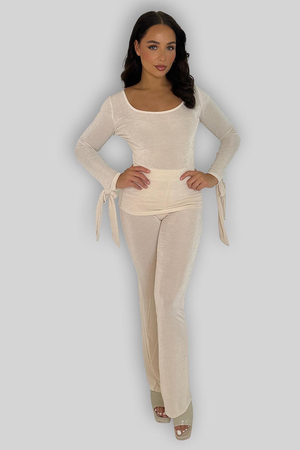 Sheer Slinky Tie Sleeve Top And Straight Leg Trousers Co-ord Set-SinglePrice