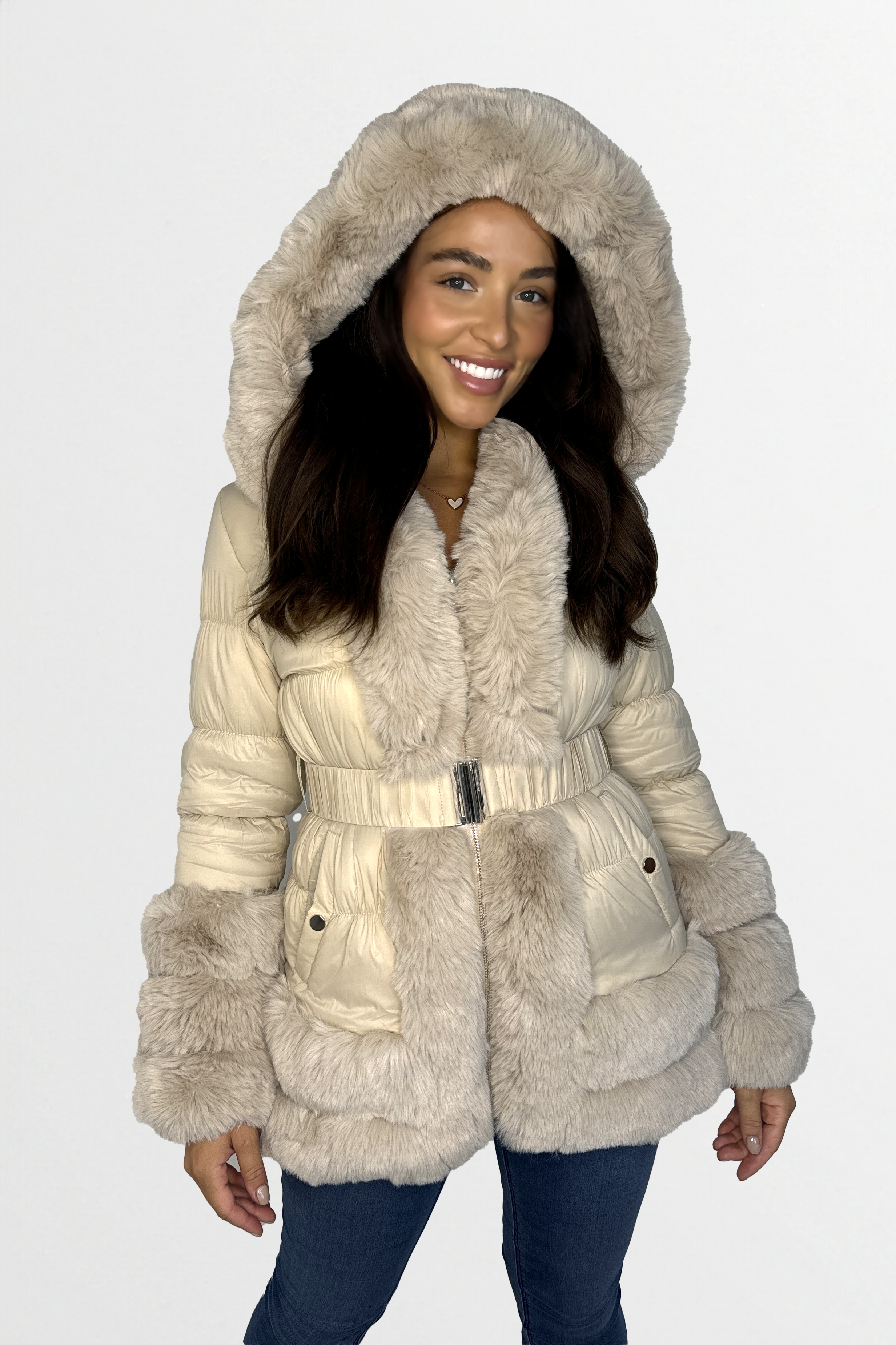 Hooded Faux Fur Hem Elasticated Belt Lined Jacket