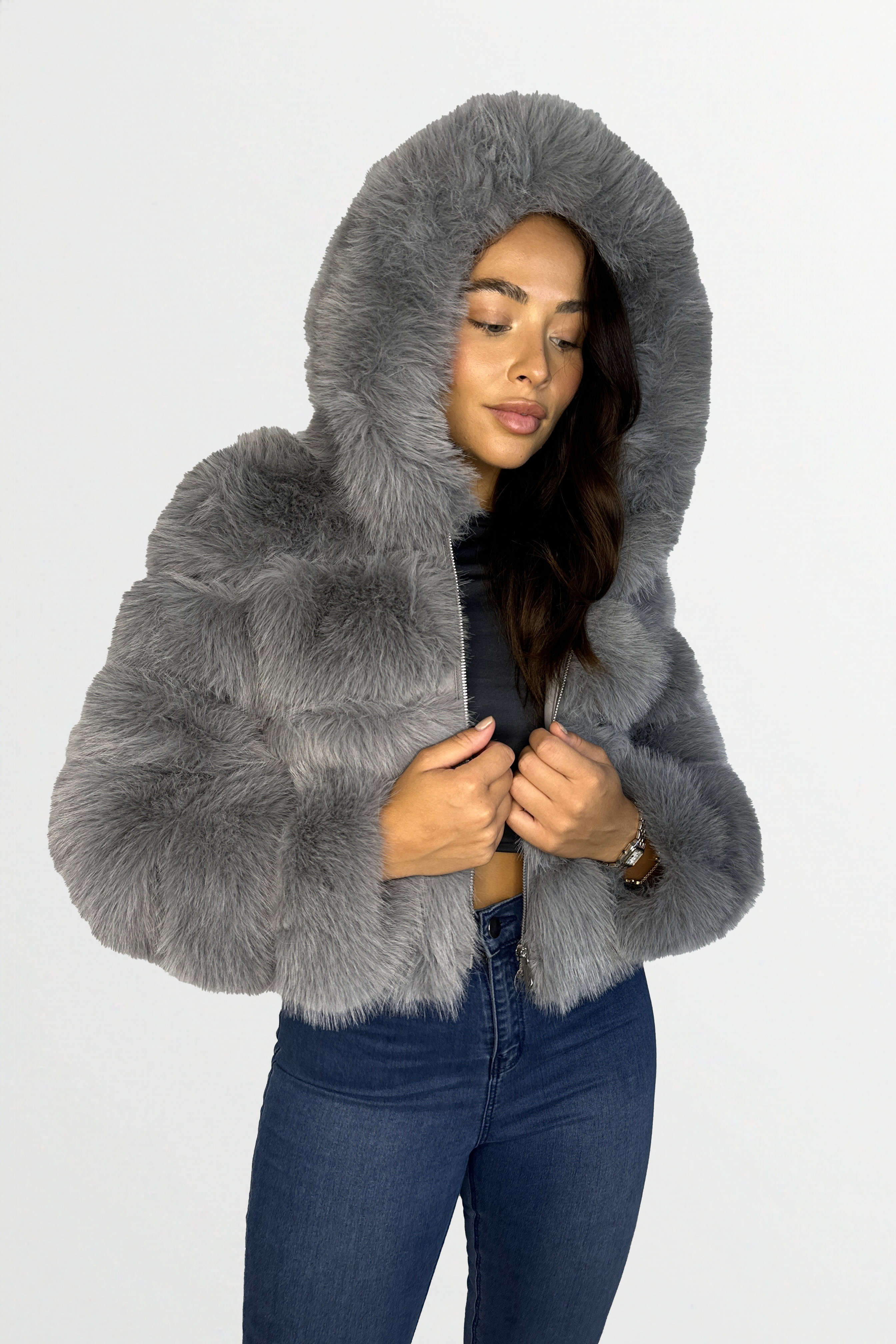 Faux Fur and Vegan Leather Stripes Hooded Cropped Jacket